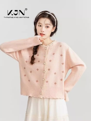 Pink lace splicing knitted cardigan for women spring and autumn new loose design sweater thin jacket short top