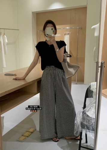 50 cotton high quality original fabric with hemmed elastic waist black and white plaid pants casual culottes loose wide leg pants