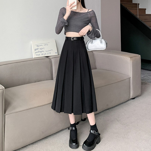 Large size solid color suit skirt for women spring versatile mid-length skirt for fat mm high waist slim casual pleated skirt