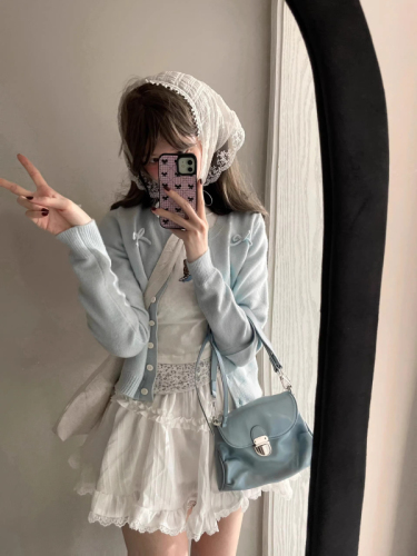 Ballet-inspired knitted cardigan, new spring women's clothing, bow sweet girl Korean style soft and tender top, blue sweater coat