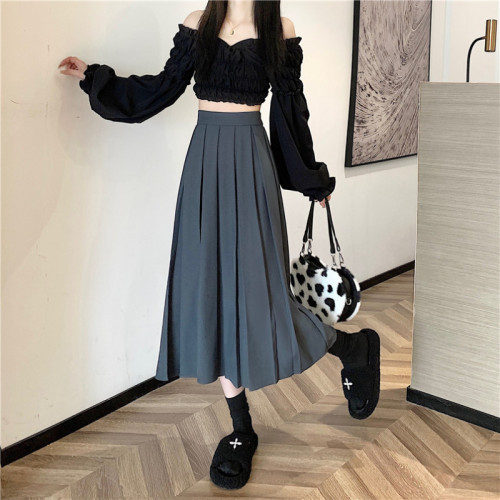 Actual shot of women's new high-waisted hip-covering A-line umbrella skirt mid-length suit pleated skirt