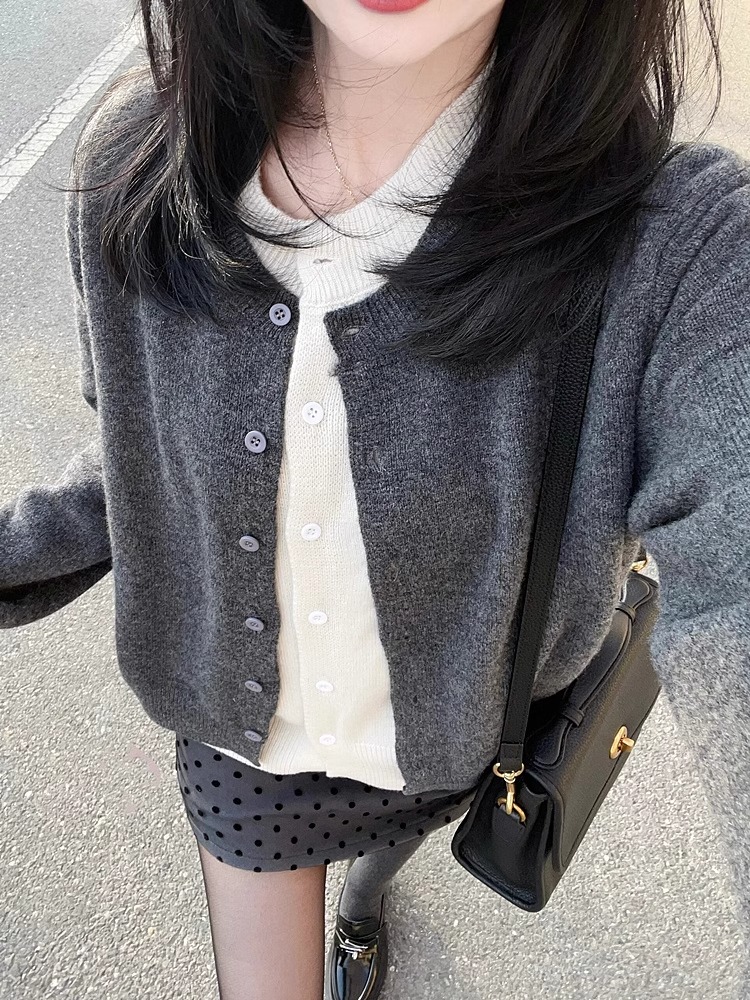Grey False Two-Piece Knit Cardigan 2024 New Spring Women's Color Block Hooded Sweatshirt Open Neck Long Sleeve Base Top