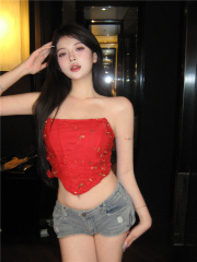 Actual shot of the new pure desire fashion ins style flower embroidered fishbone mesh short style outer wear tube top