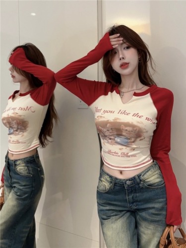 Real shot~Hot Girl American Retro T-shirt Women's Autumn Slim Dopamine Wear Raglan Long Sleeve Short Top