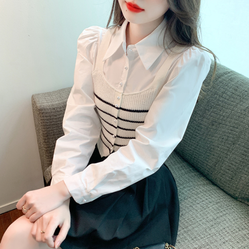 Actual shot of 2024 autumn new Korean style polo collar shirt spliced ​​striped knitted vest fake two-piece top