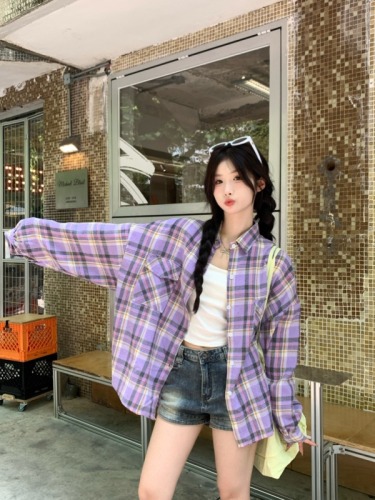 Real shot of Korean girl plaid casual shirt jacket for women 2024 autumn niche chic lapel long-sleeved top