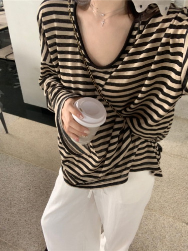 American retro striped trumpet long-sleeved sunscreen T-shirt for women summer thin loose mid-length lazy style blouse