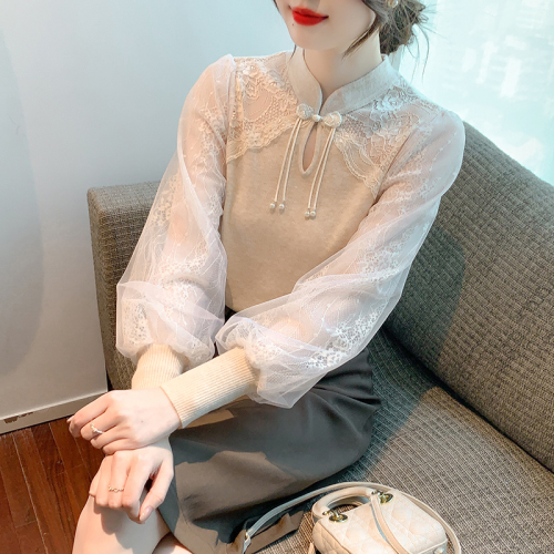 Real shot!  2024 new autumn Korean version mesh splicing chiffon sleeves slim bottoming sweater sweater top