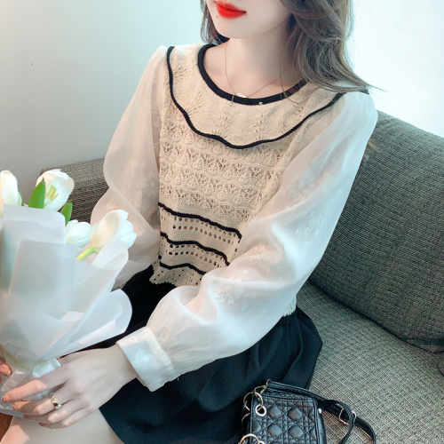 Actual shot of 2024 autumn new long-sleeved lace lapel slim fit color-blocked pullover sweater top for women