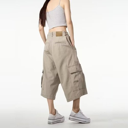 Shorts, multi-pocket, three-quarter pants for women, American loose, high-end, wide-leg overalls