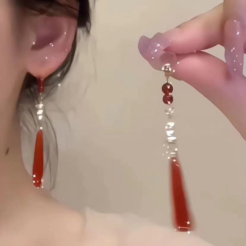 S925銀針新中式長款流蘇耳環女中古風百搭氣質珍珠耳釘網紅耳飾品