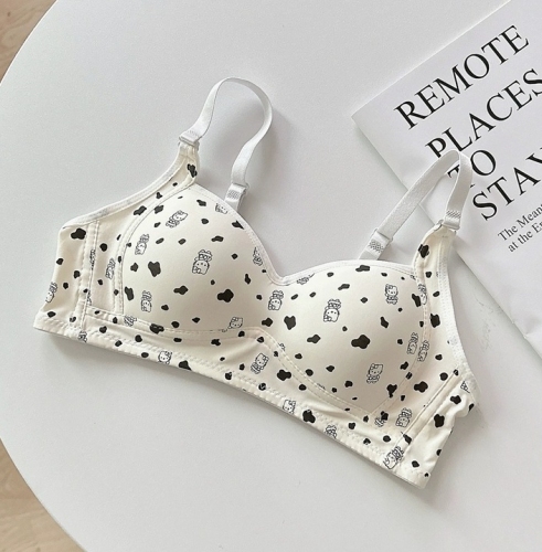 Girls' cute printed underwear women's rim-free breathable small breast push-up student bra new style