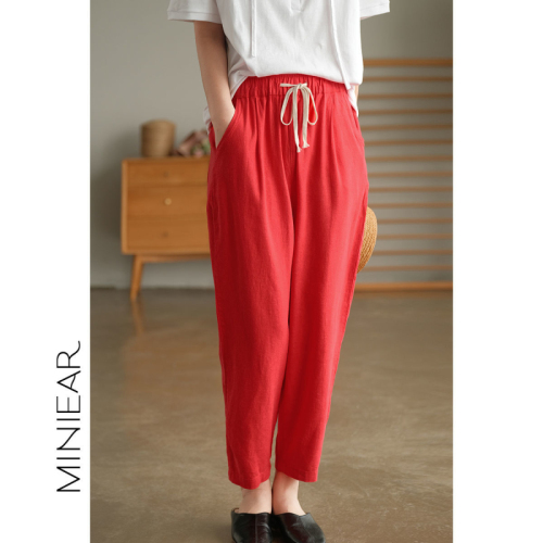 Pure cotton harem pants for women 2024 summer new style lace-up elastic waist small leg pants cotton and linen casual straight nine-point pants