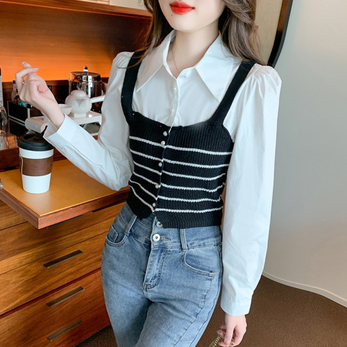 Actual shot of 2024 autumn new Korean style polo collar shirt spliced ​​striped knitted vest fake two-piece top