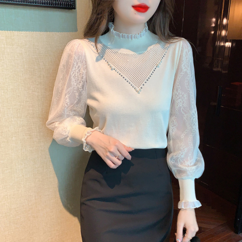 Lace stand-up collar pullover long-sleeved sweater knitted shirt 2024 autumn and winter solid color ladylike style top