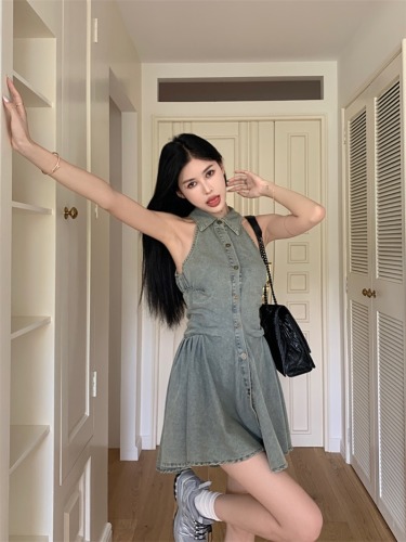 Real shot!  Pure lust style polo neck pleated waist hottie sleeveless off-shoulder denim dress