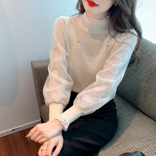 Lace stand-up collar pullover long-sleeved sweater knitted shirt 2024 autumn and winter solid color ladylike style top