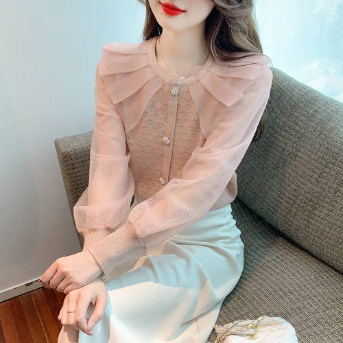 Real shot 2024 autumn and winter new style small fragrant style lace splicing gauze sleeve small shirt heavy industry