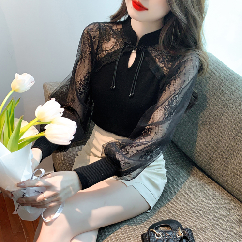 Real shot!  2024 new autumn Korean version mesh splicing chiffon sleeves slim bottoming sweater sweater top