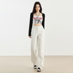Photographed White Wide-Leg Straight-Jacket Pants 2024 Autumn New High-Waisted Loose Hip-Hiding Slim-Fit Jeans