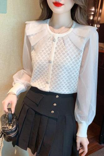 Real shot 2024 autumn and winter new style small fragrant style lace splicing gauze sleeve small shirt heavy industry