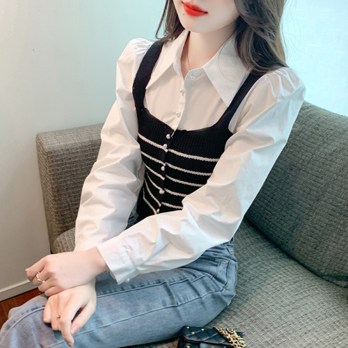 Actual shot of 2024 autumn new Korean style polo collar shirt spliced ​​striped knitted vest fake two-piece top