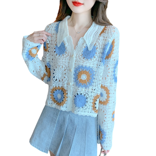 Retro Sweet Crochet Hollow Long Sleeve Knitted Cardigan Women's Thin Design Niche Loose Top