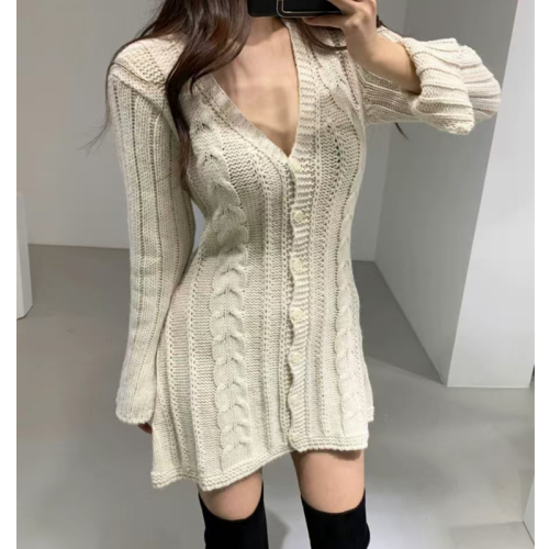 Korean chic temperament, light and mature style V-neck hemp pattern single-breasted knitted dress with slit cuffs design short skirt