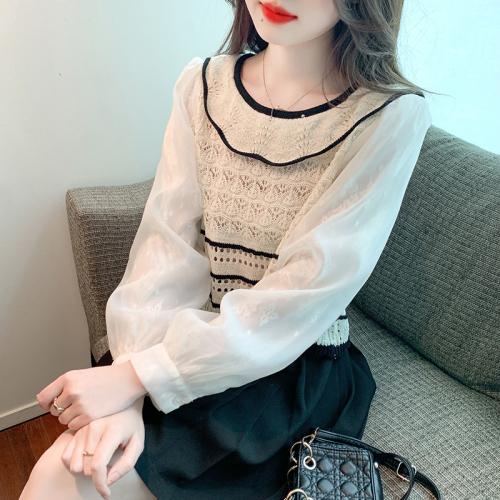 Actual shot of 2024 autumn new long-sleeved lace lapel slim fit color-blocked pullover sweater top for women