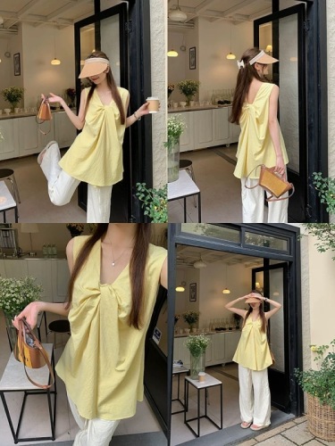 Wu 77 kink design round neck vest for women summer front and back wear A-line loose outer sleeveless top new style