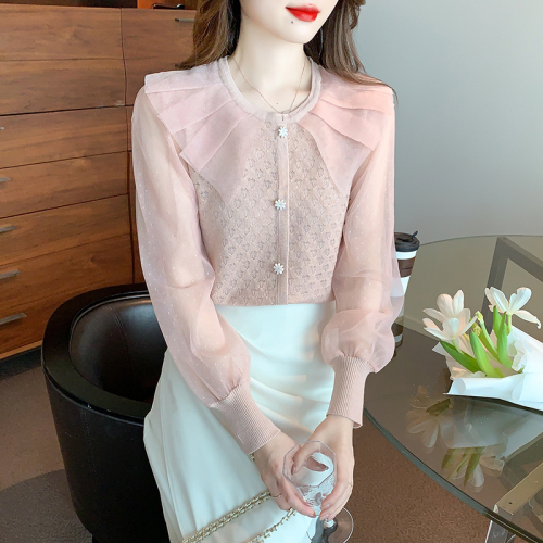 Real shot 2024 autumn and winter new style small fragrant style lace splicing gauze sleeve small shirt heavy industry