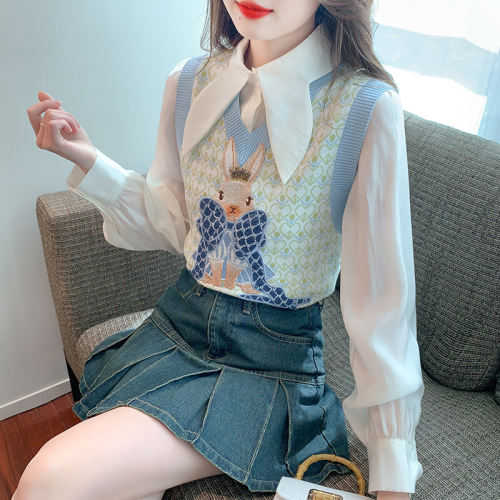 Already shipped real shot 2024 new knitted vest solid color shirt suit fresh and cute high-end two-piece set for women