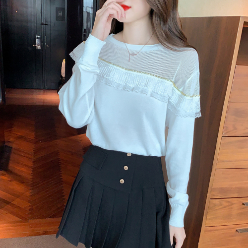 Actual shot of 2024 autumn and winter new Korean style design ruffled mesh splicing knitted slimming bottoming shirt