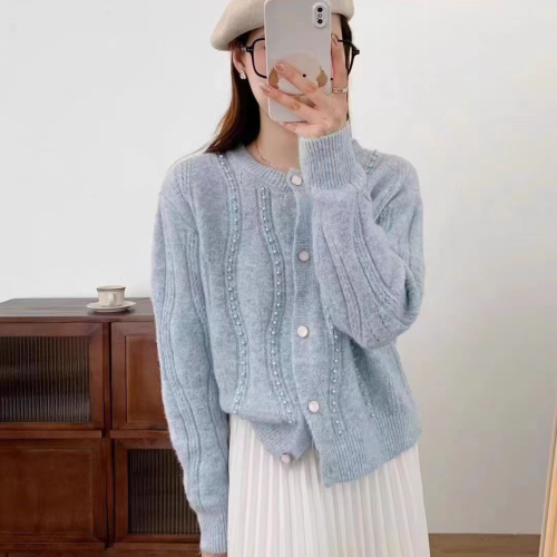 Customized beaded Korean style high-end craft knitted cardigan top for women long-sleeved loose sweater jacket new autumn and winter