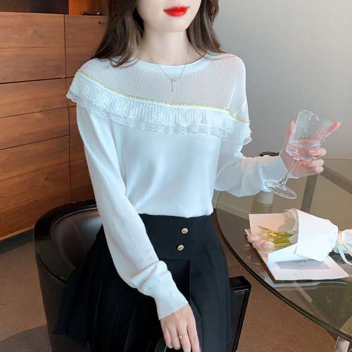 Actual shot of 2024 autumn and winter new Korean style design ruffled mesh splicing knitted slimming bottoming shirt