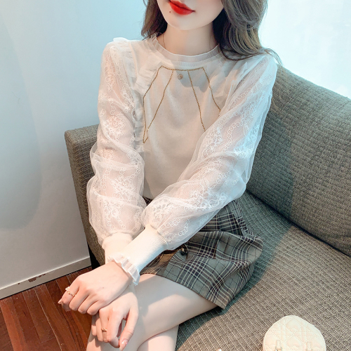 Real shot of 2024 autumn fashion round neck sweater for women French mesh stitching puff sleeve pullover top