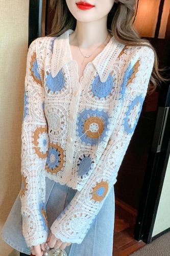 Retro Sweet Crochet Hollow Long Sleeve Knitted Cardigan Women's Thin Design Niche Loose Top