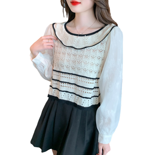 Actual shot of 2024 autumn new long-sleeved lace lapel slim fit color-blocked pullover sweater top for women