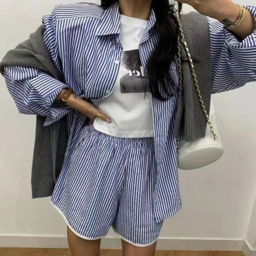 Korean Summer Lapel Casual Vertical Striped Long Sleeve Shirt Elastic Waist Loose Wide Leg Shorts