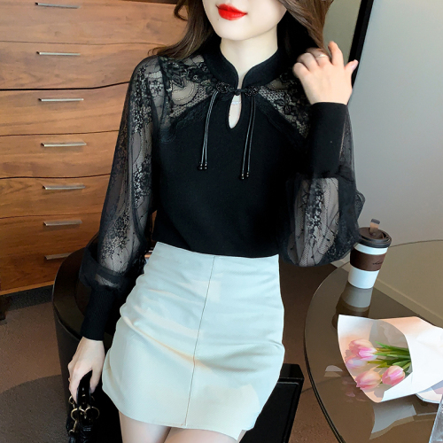 Real shot!  2024 new autumn Korean version mesh splicing chiffon sleeves slim bottoming sweater sweater top