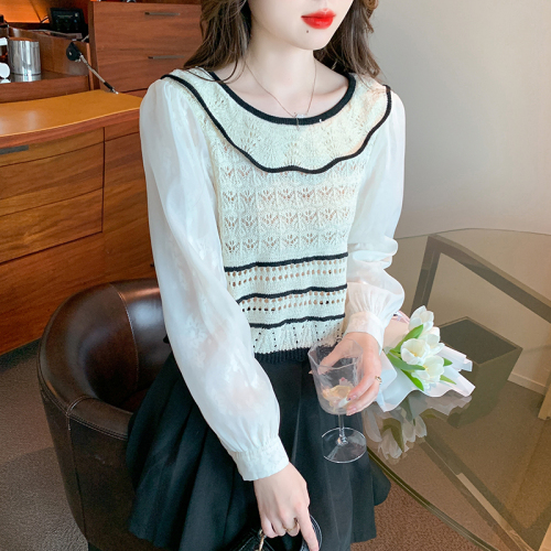 Actual shot of 2024 autumn new long-sleeved lace lapel slim fit color-blocked pullover sweater top for women