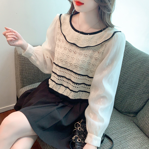 Actual shot of 2024 autumn new long-sleeved lace lapel slim fit color-blocked pullover sweater top for women