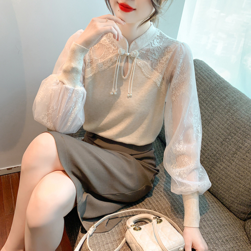 Real shot!  2024 new autumn Korean version mesh splicing chiffon sleeves slim bottoming sweater sweater top