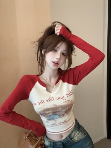 Real shot~Hot Girl American Retro T-shirt Women's Autumn Slim Dopamine Wear Raglan Long Sleeve Short Top