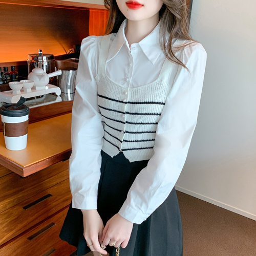 Actual shot of 2024 autumn new Korean style polo collar shirt spliced ​​striped knitted vest fake two-piece top