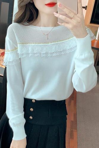 Actual shot of 2024 autumn and winter new Korean style design ruffled mesh splicing knitted slimming bottoming shirt