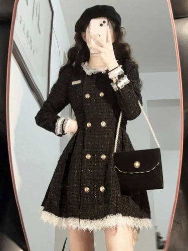 Ollie Hepburn Spring and Autumn Black Little Fragrance Style Retro Ruffle-Breasted Tweed French Sweet Cool Dress for Women