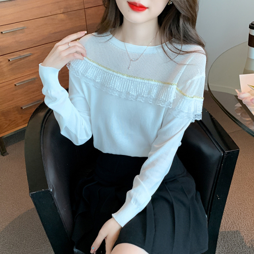 Actual shot of 2024 autumn and winter new Korean style design ruffled mesh splicing knitted slimming bottoming shirt