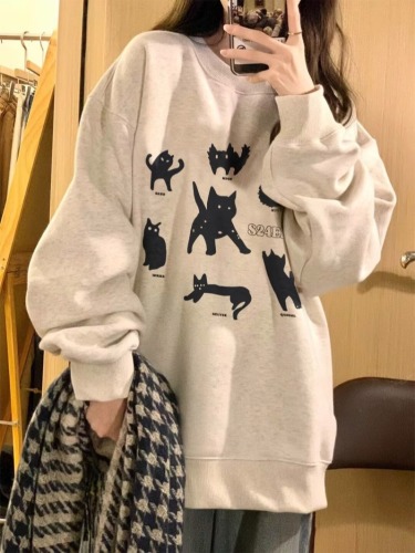 Autumn Funny Cat Silhouette Sweater Women's Floral Round Neck Personalized Fun Retro Contrast Print Fashion Top