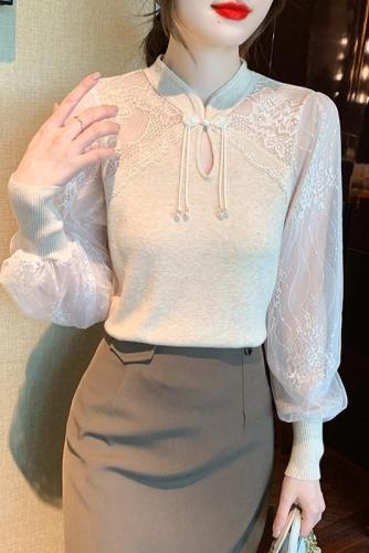 Real shot!  2024 new autumn Korean version mesh splicing chiffon sleeves slim bottoming sweater sweater top